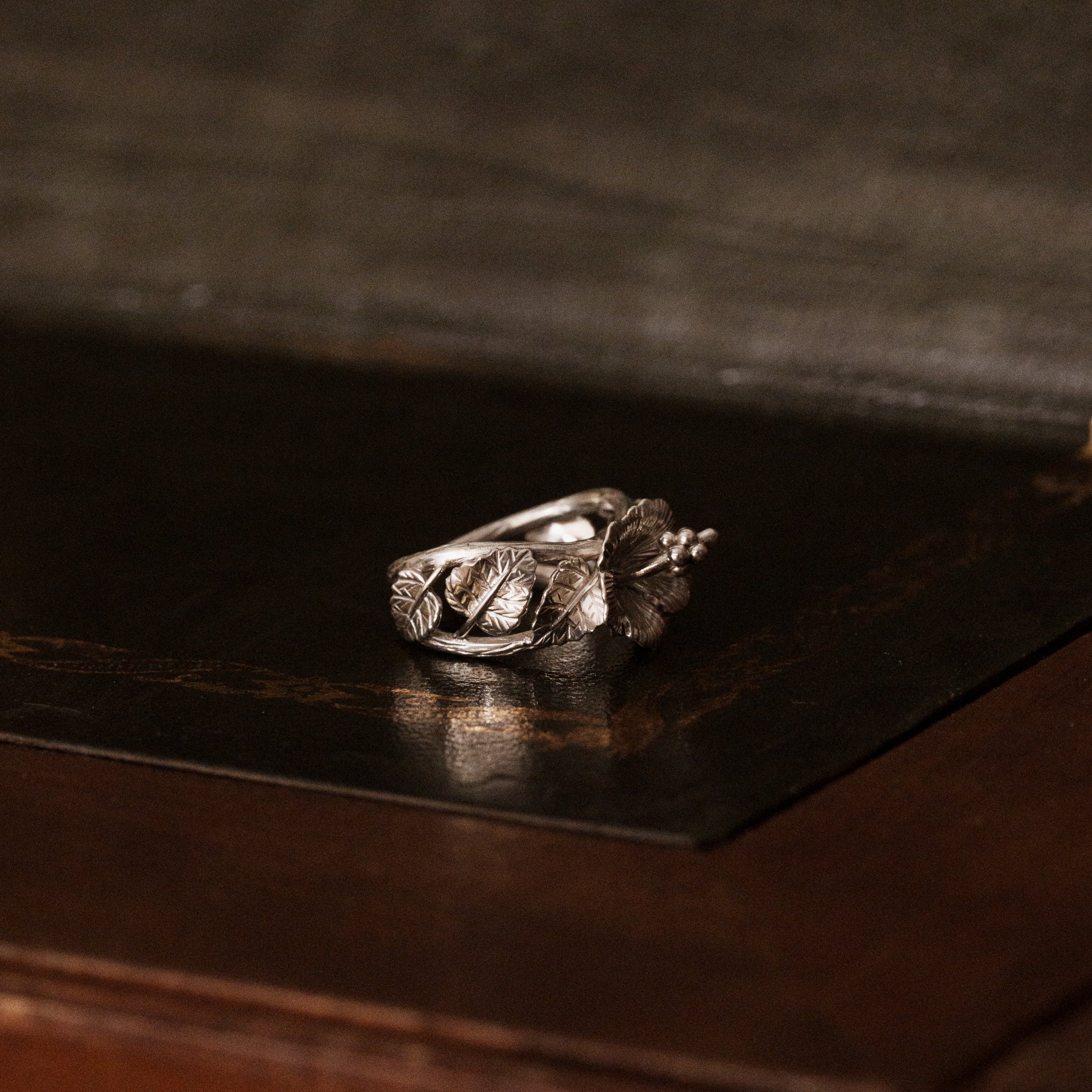 Handcrafted sterling silver Hibiscus ring inspired by vintage botanical illustrations by The Boring Design