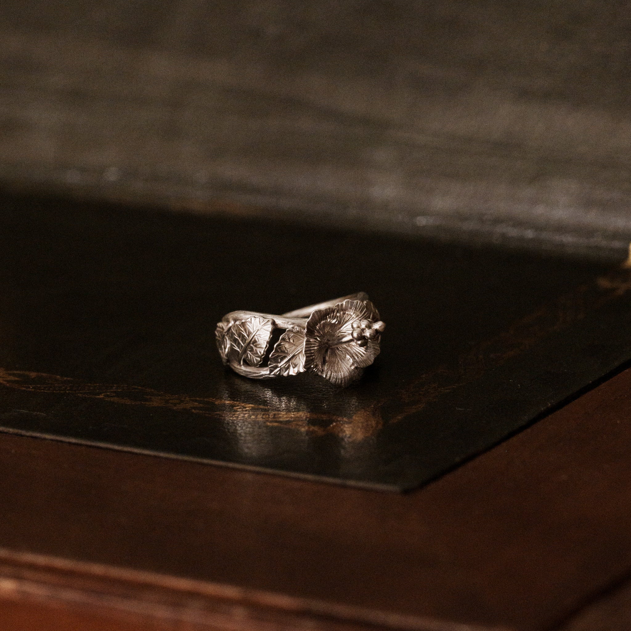 Handcrafted sterling silver Hibiscus ring inspired by vintage botanical illustrations by The Boring Design