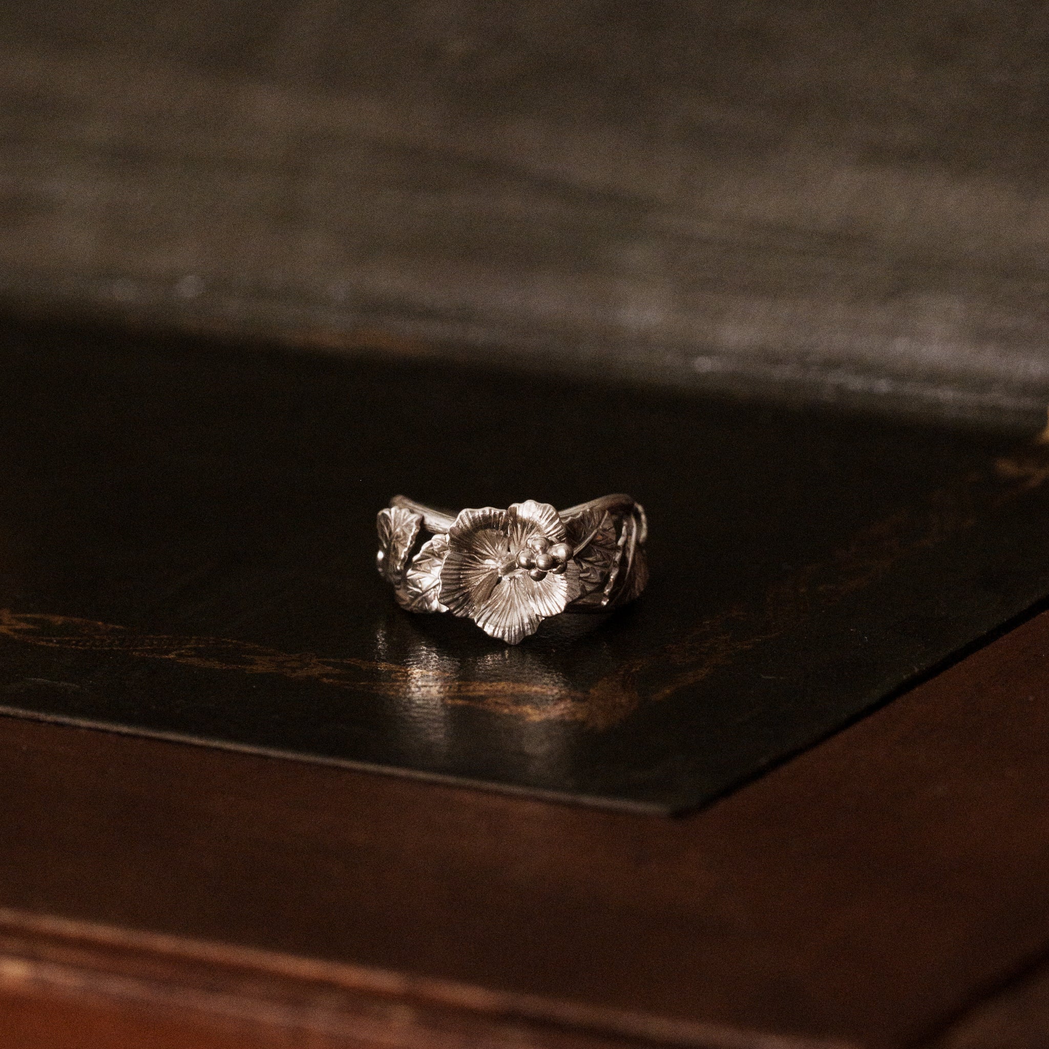 Handcrafted sterling silver Hibiscus ring inspired by vintage botanical illustrations by The Boring Design