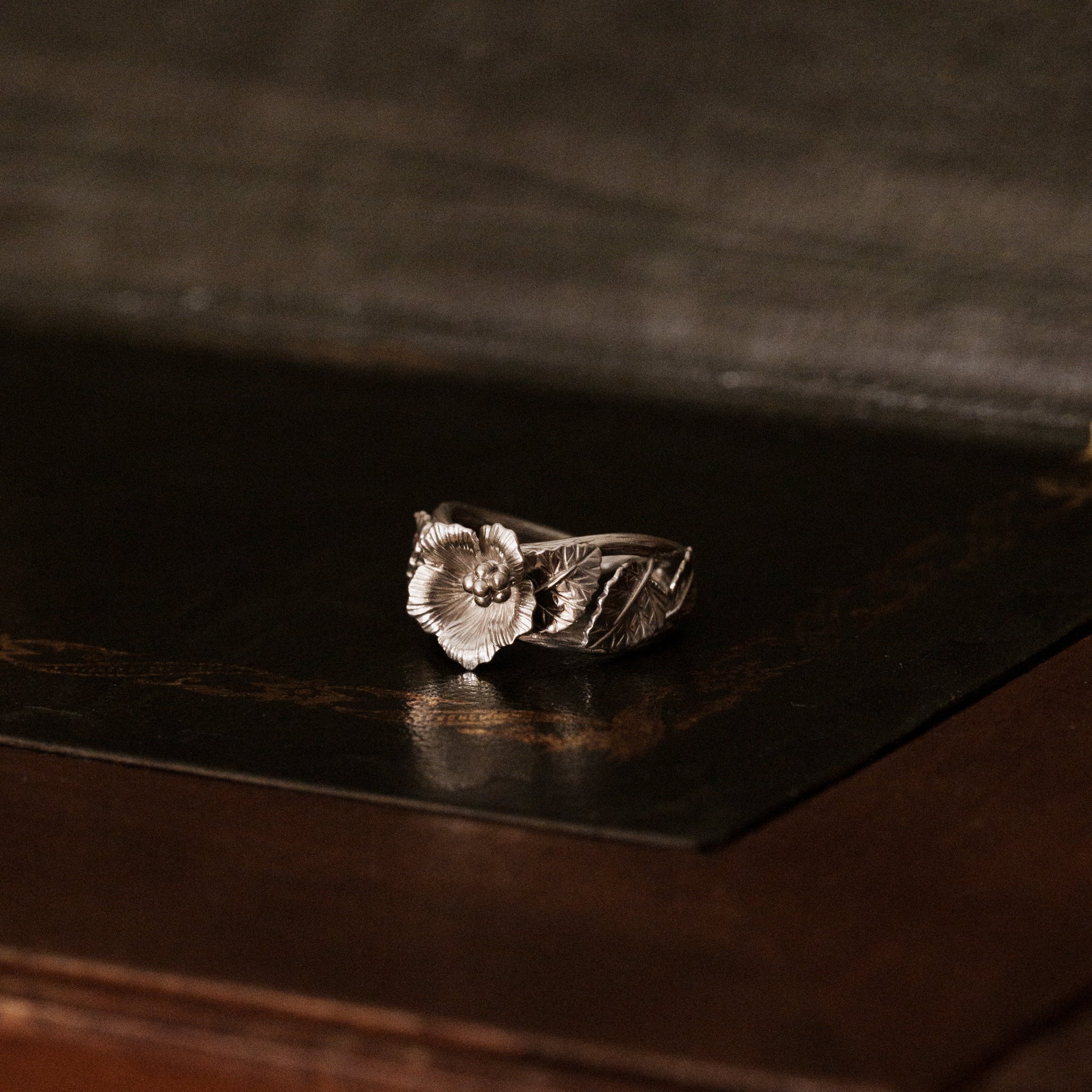 Handcrafted sterling silver Hibiscus ring inspired by vintage botanical illustrations by The Boring Design